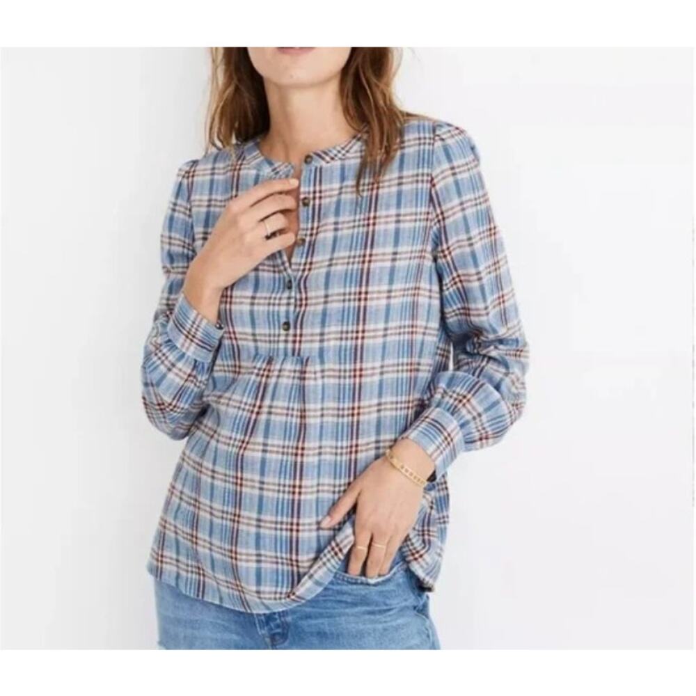 Madewell Popover Blouse Top Blue Plaid Puff Sleeve Swing Pleated Cotton Linen